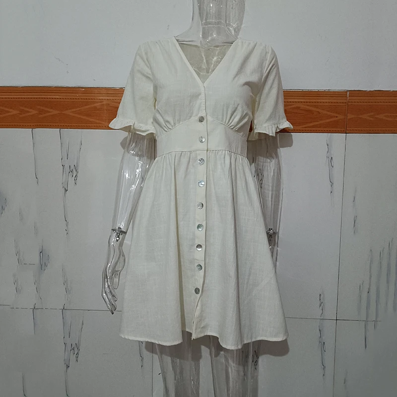 

Ardm Elegant A-Line Spring Summer 2021 New V Neck White Slim Mini Dress With Button Ruffled Chic Ladies Vestido
