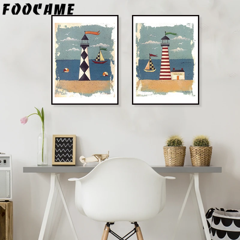 Мультфильм морской корабль плакаты с изображением маяка и принтами Искусство