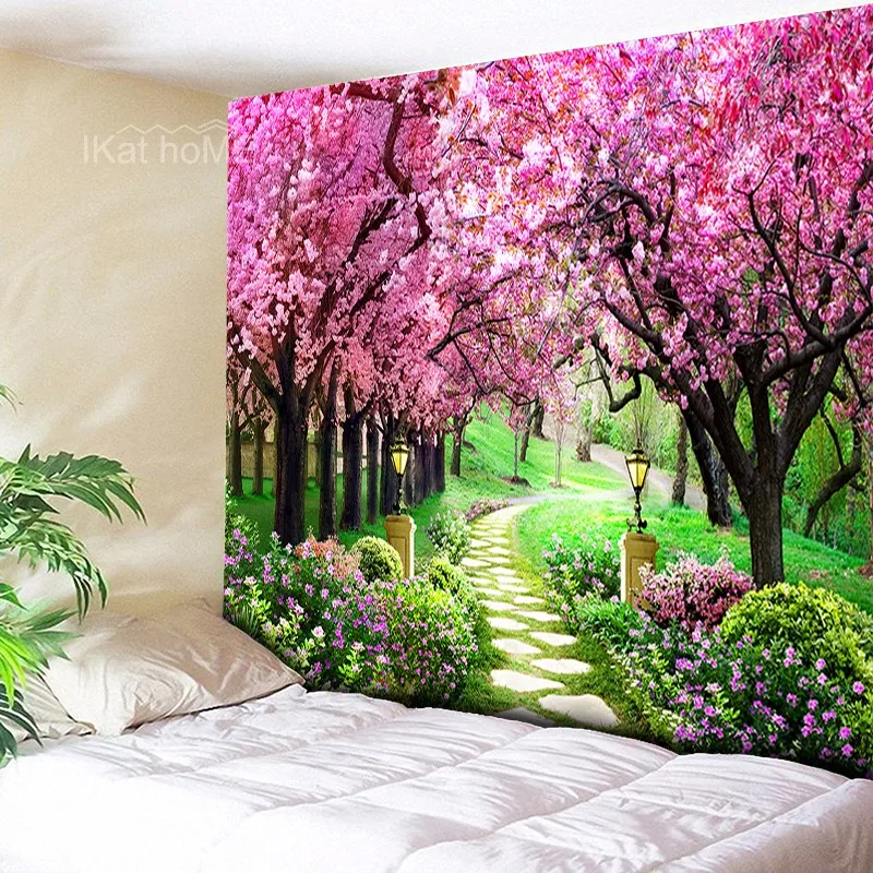 Настенный гобелен в стиле бохо украшенный розовыми цветами большой хиппи с