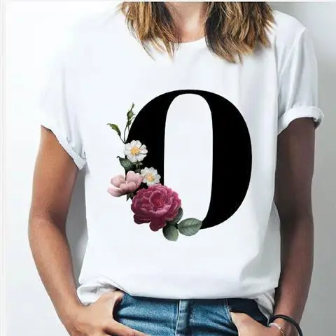 

Women's T-shirt 2021 Summer New Floral Letter T-shirt Hot Sale Flowers 26 Letter Print Short Sleeve Student Base T-shirt