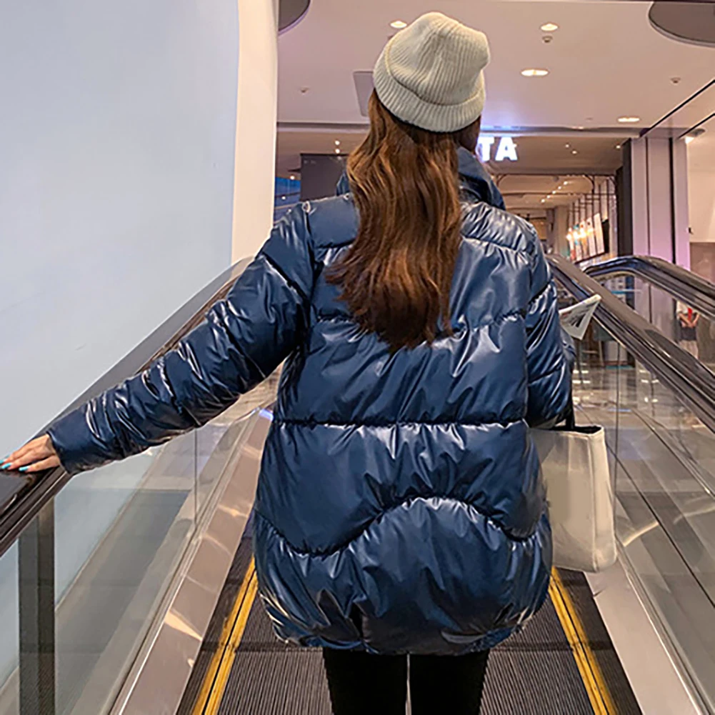

Fashion Women Autumn Winter Glossy Stand Collar Jacket Cotton Liner Coat Zip Closure Wide-waisted Femal outdoor streetwear