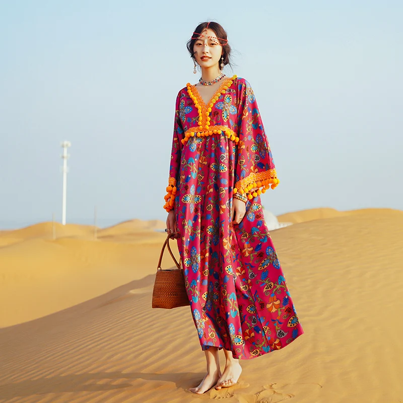 

Korejepo Women Dress 2021 Summer Bohemian Holiday Style Ethnic Retro Floral V-neck Long Sleeve Print Long Dress Female Tassel