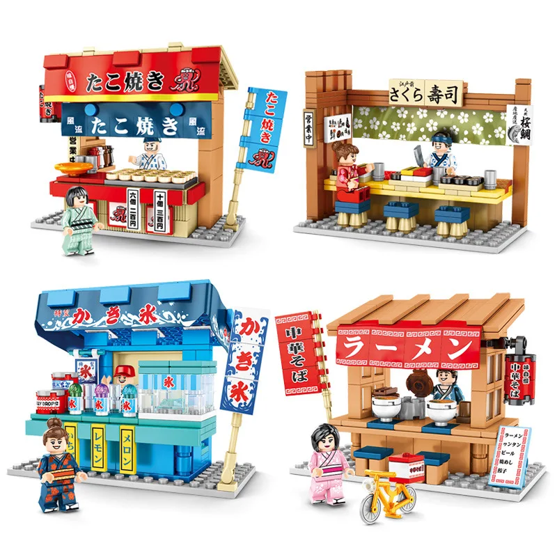MOC Mini City Street View Building Blocks Japanese Style Architecture Taiyaki Shop Variety Store House Sembo Toys Kid Gift