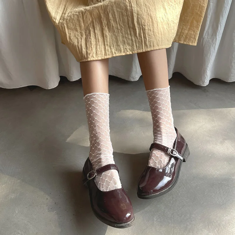 

Vintage Mesh Socks Women Plaid Long Socks Transparent Thin Tulle Socks Girls Dress Summer Lace Up Sock Female calcetines mujer