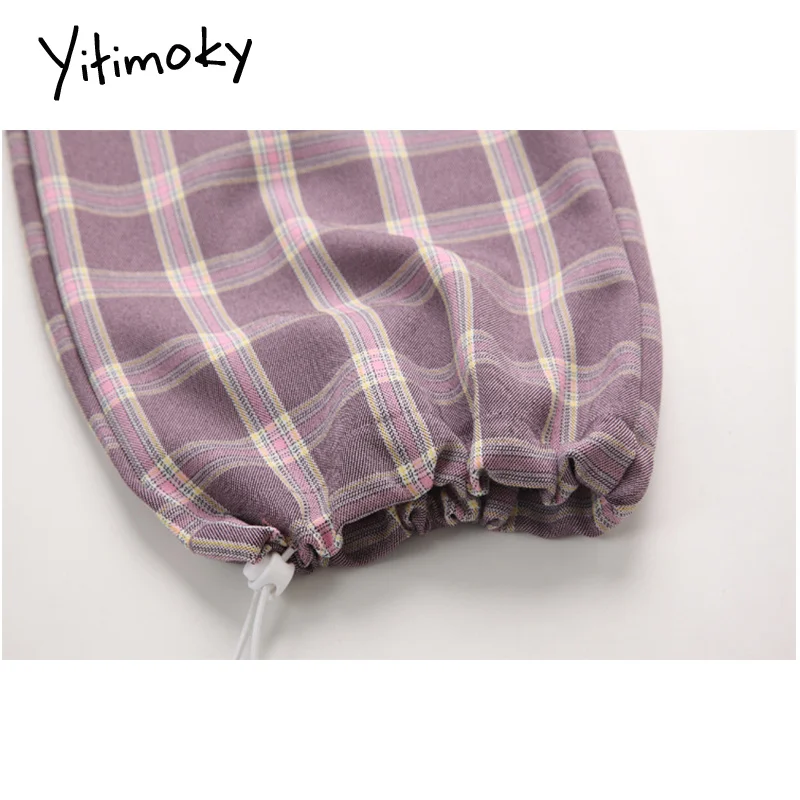 

Yitimoky plaid pants women elastic waist drawstring womens high waist pants woman 2021 harem trousers streetwear pink pants