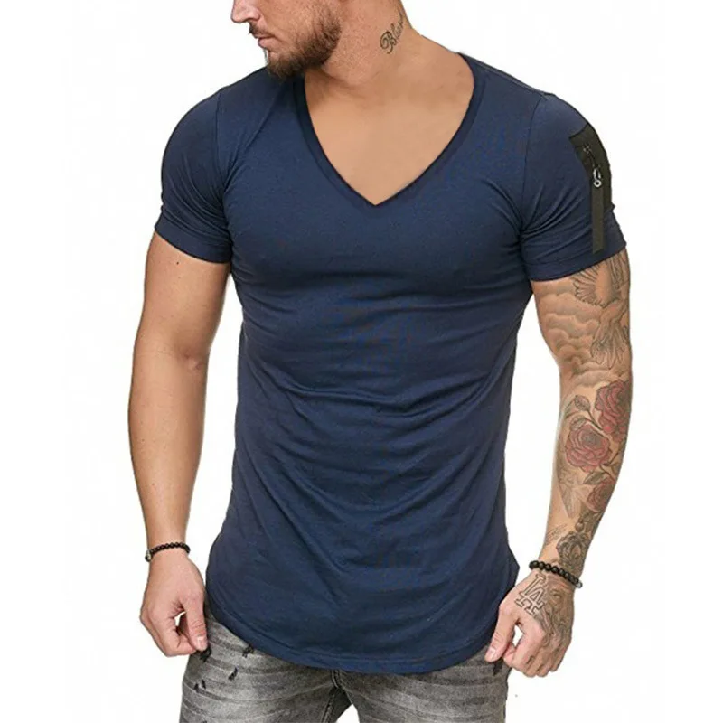 

Summer Fashion V-Neck Men's T-shirt Pure Color Slim-fit Black White Cotton Tee Casual Sports Short-sleeved T-shirt Mens Clothing