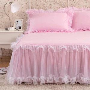 DIMI Bedspread Bed Cover Non-Slip Sheets Without Pillowcase Pink Lace Lotus Leaf Lace Bed Skirts Princess Style Solid Color