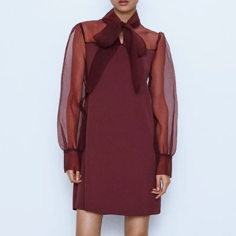2019 za женское осенне зимнее модное комбинированное платье из органзы