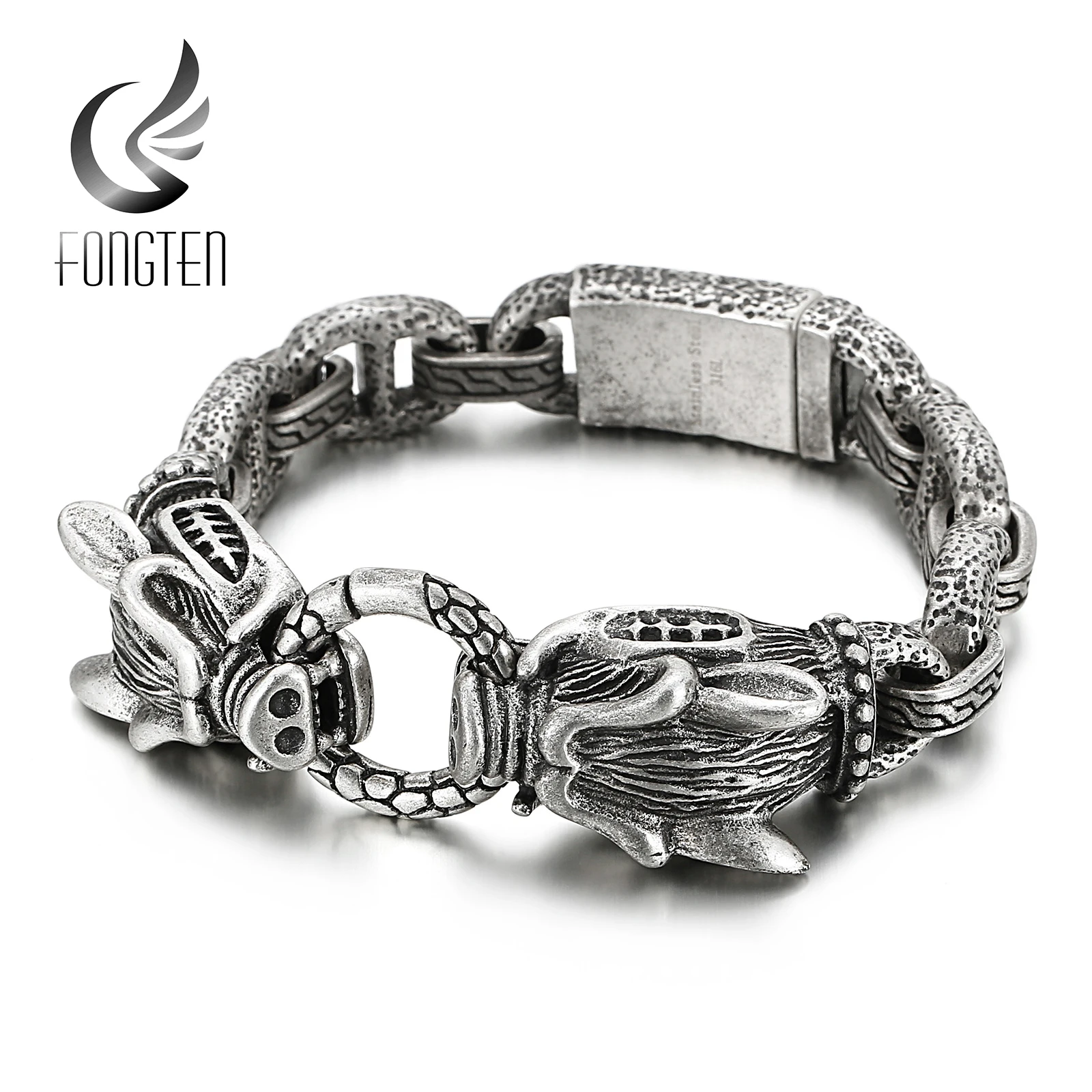 

Fongten дракон с животными волком старинные серебряные Цвет из нержавеющей стали, браслеты из нержавеющей стали, стиль викингов в стиле «панк» ...