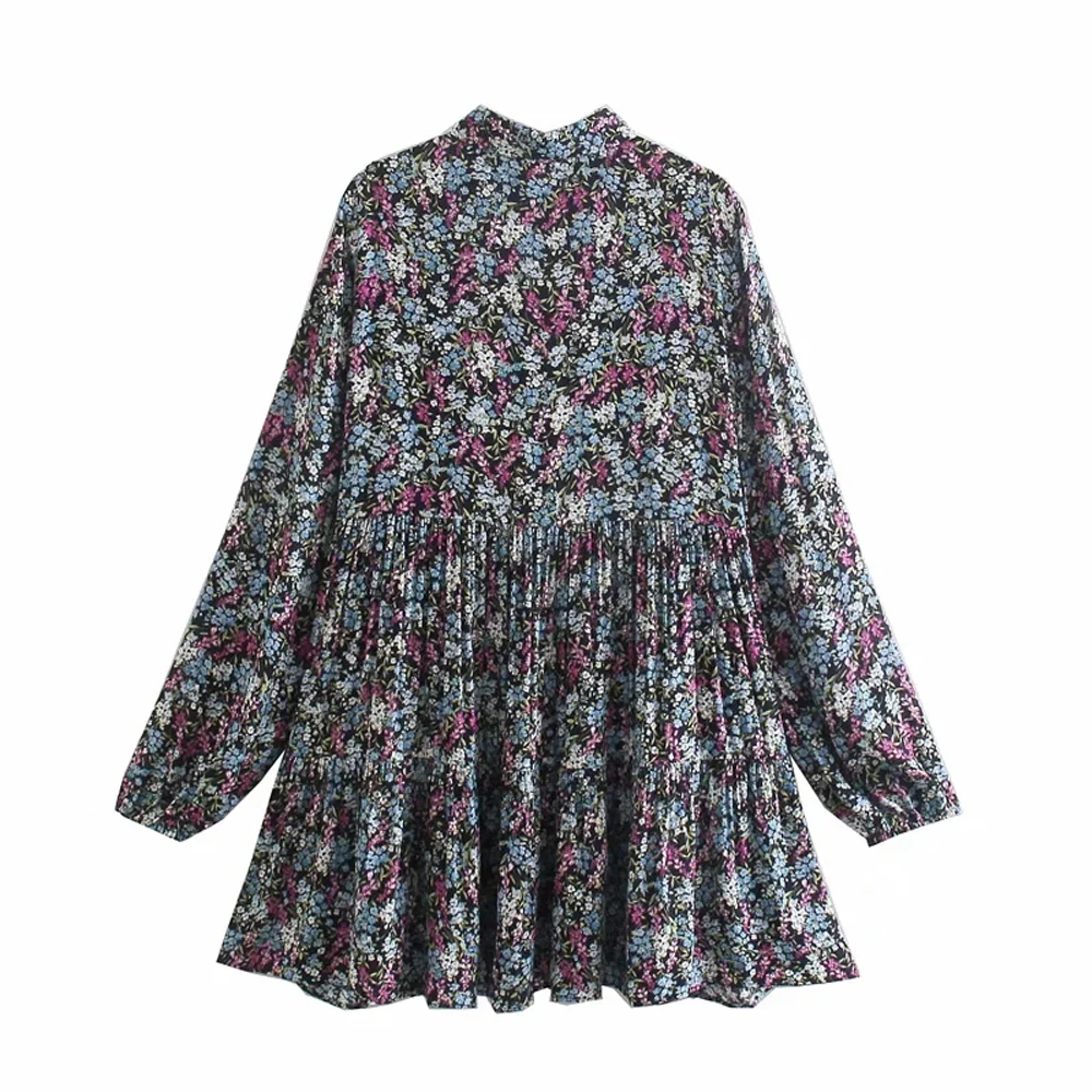 

new floral vestidos Casual Shirt Mini Dress Women Summer Lapel Long Sleeve Loose Print Pleated Woman Vintage Chic Short Dresses