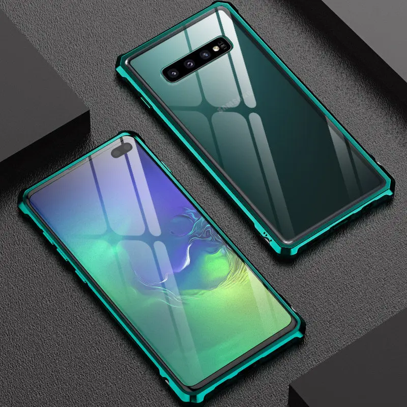 Green Роскошный металлический бампер, чехол для samsung Galaxy S10 Plus S10E чехол, стеклянная задняя крышка для samsung S10 Plus чехол s Armor S10Plus E - Цвет: Green