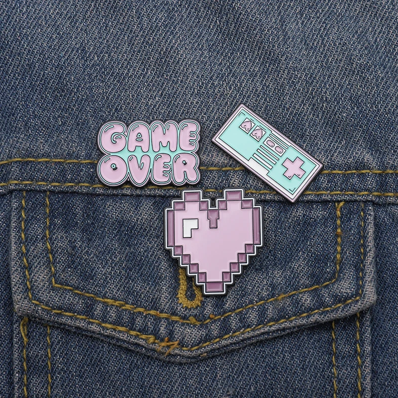 

Pixel Art Enamel Pins Pixel Games Lapel Pins Game Over Brooches Vintage Retro Game Badges Heart Pins Up Vintage Jewelry