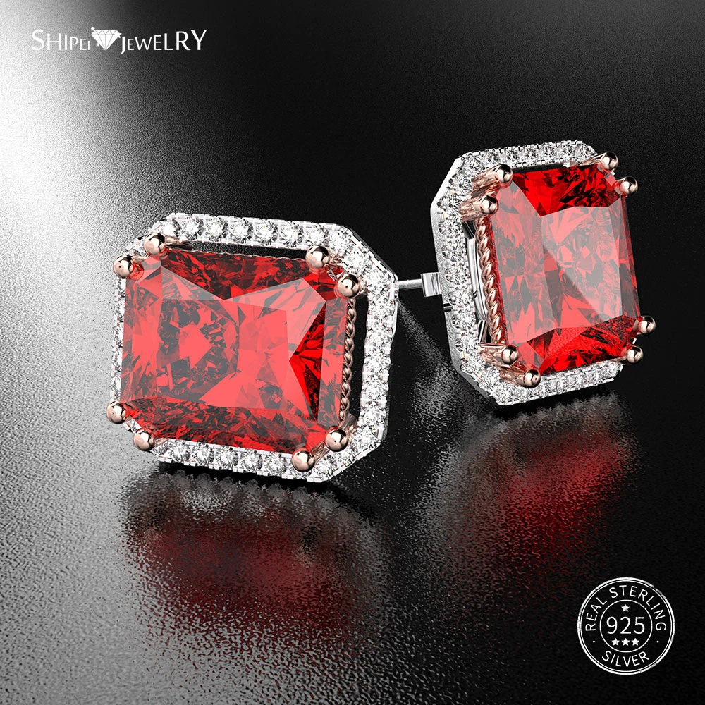 Женские квадратные серьги гвоздики Shipei свадебные с искусственным рубином и