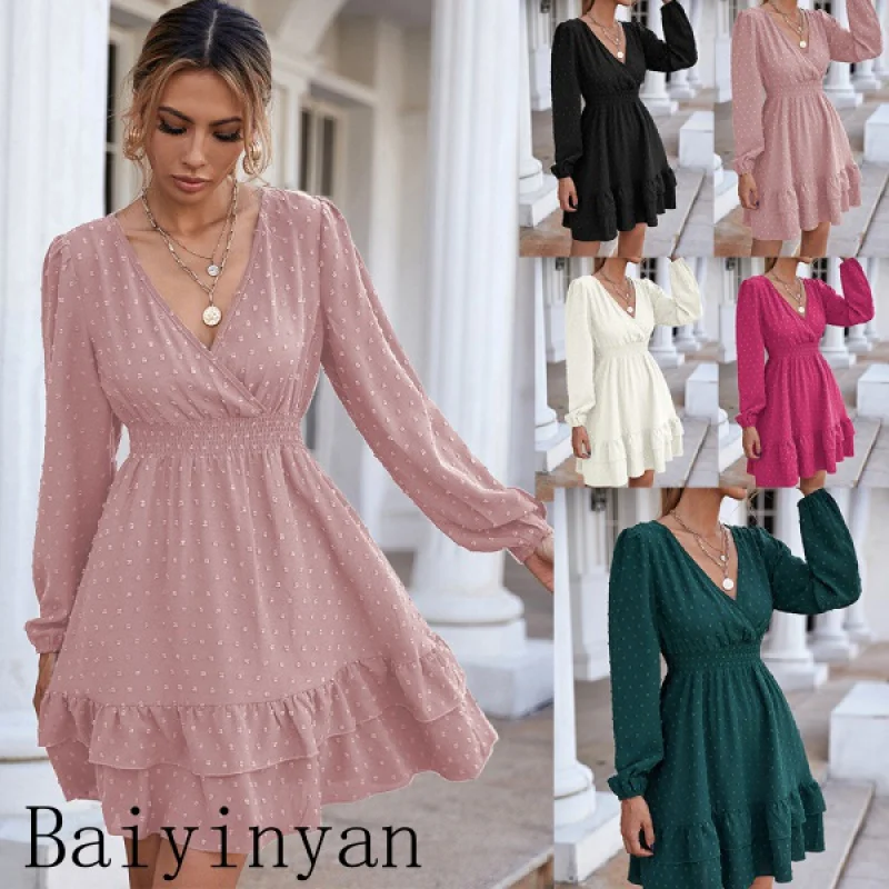 

2022Spring ModelsVCollar Long Sleeve Ruffled Slim-Fit Commute Dress