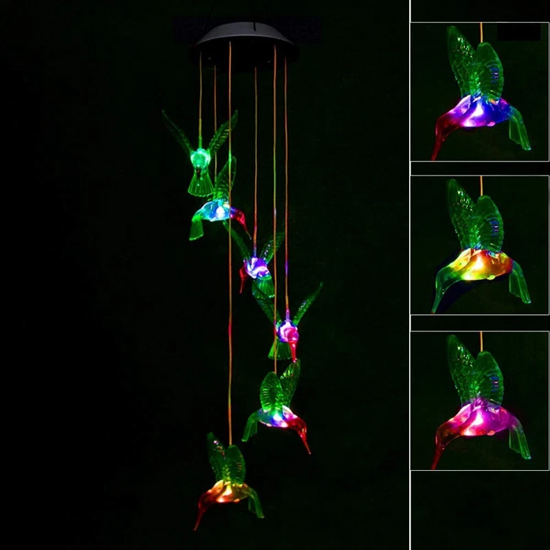

LED Colorful Solar Power Wind Chime Crystal Hummingbird Butterfly Waterproof Outdoor Windchime Solar Light for Garden