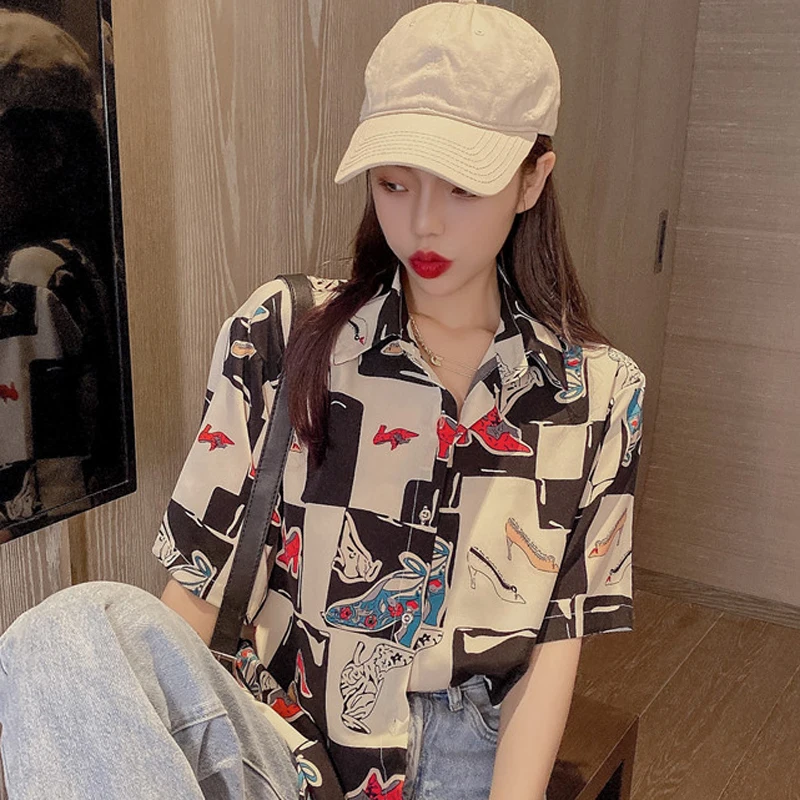 

Zoki All Match Tops Loose Print Pattern Personality Casual Tees Short Sleeved Shirt Korean Street Wear Fashion 2021 Summer New