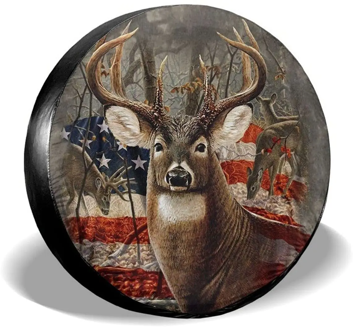 

Hitamus Deer American Flag Elk Spare Tire Cover for Car Wrangler RV SUV Camper Travel Trailer Accessories 14 15 16 17