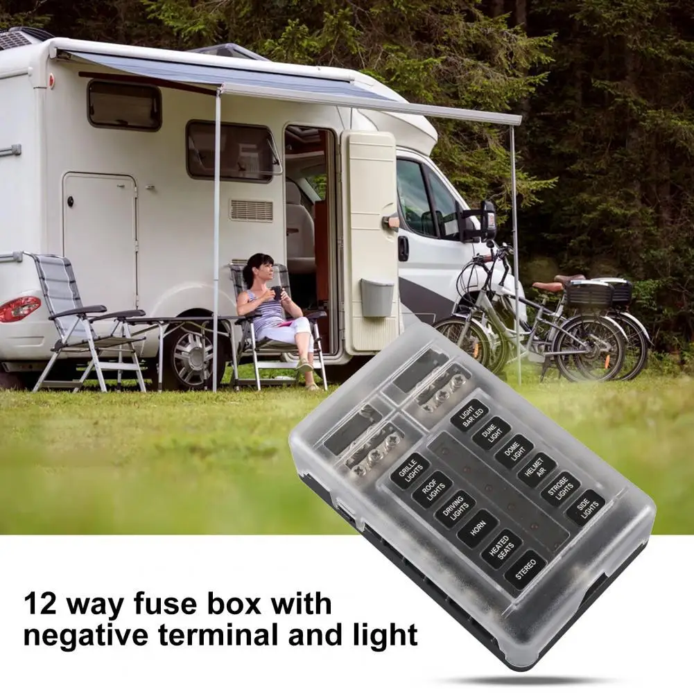 

Fuse Box LED Warning Indicator Heat Resistant 12-Way 32V Circuit Fuse Holder with Negative Terminal for Car