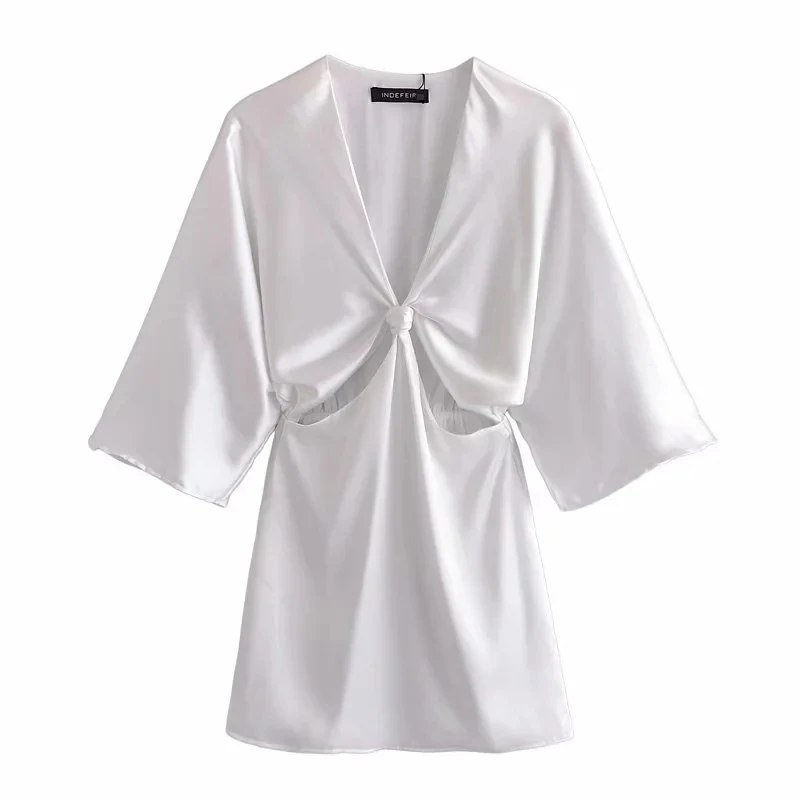 

Fashion ZA Casual Solid satin mini Dress Women Elegant sexy V Neck waist Hollow out Dress Women short Sleeve Mini Dresses Ladies