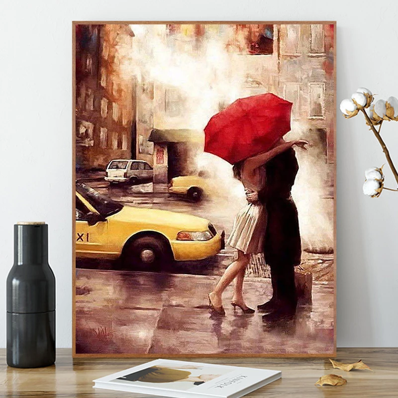 Ручной работы абстрактный изобразительный уличный красный зонтик рядом с