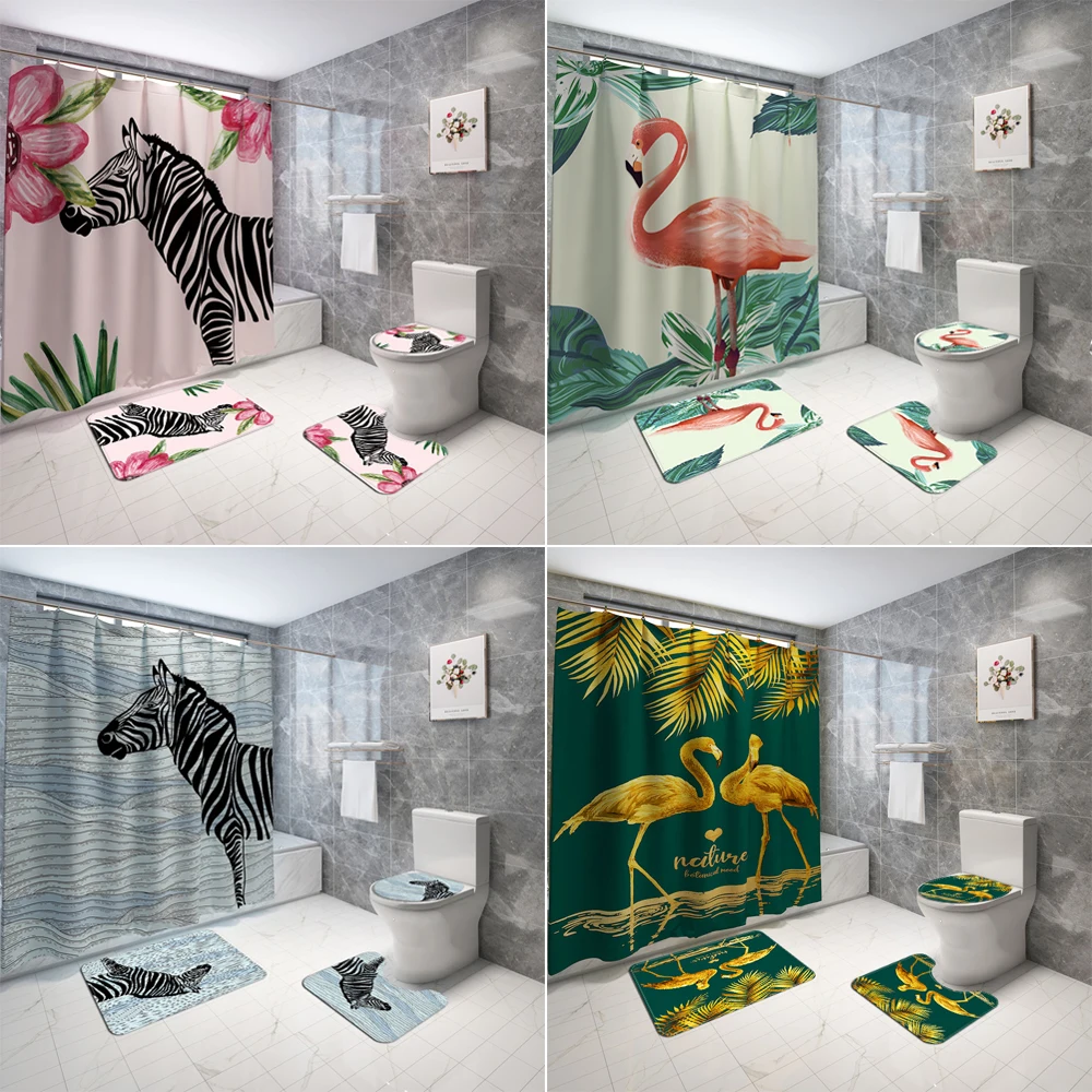 

Flamingo Zebra Pattern Shower Curtain Bathroom Mats and Curtains Bath Mat Sets Bathtub Screen Toilet Lid Cover Rug Home Decor
