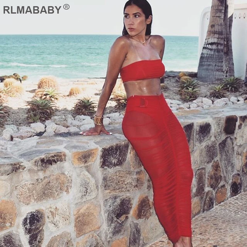 Летние rlmababy пляжные вечерние пикантные сетчатые юбки прозрачные длинные макси Прозрачные юбки Высокая Талия Ruched прозрачные Клубные юбки красного цвета