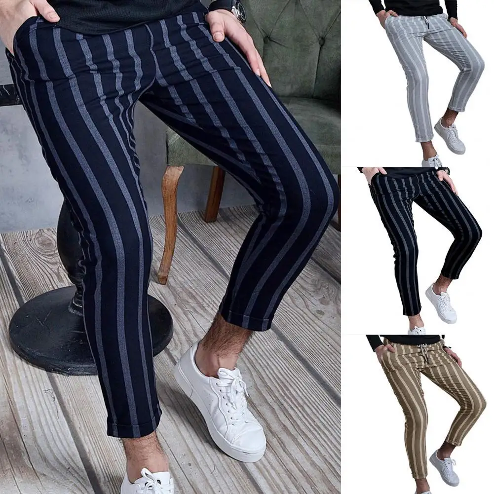 

50% Hot Sales!!! Men Pants Striped Drawstring Closure Streetwear Slim Fits Pockets Trousers for Daily Wear