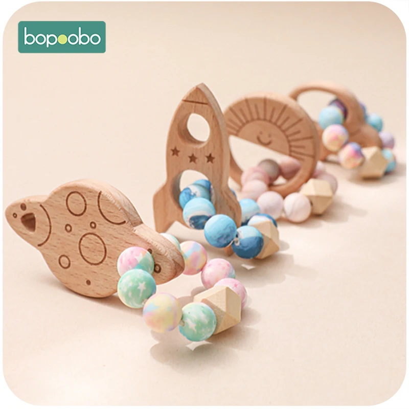 Фото Bopoobo 1 шт. детский силиконовый Прорезыватель Буковые игрушки браслет деревянный