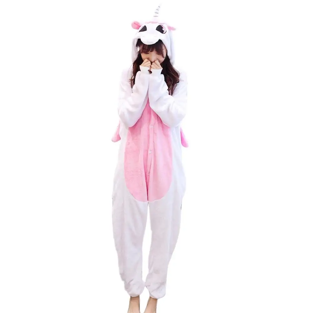 Kigurumi Pajama Pink Unicorn Adult Animal Cartoon Hooded Onesie Women Men Couple 2019 Winter Unicornio Sleepwear Flannel Pijamas