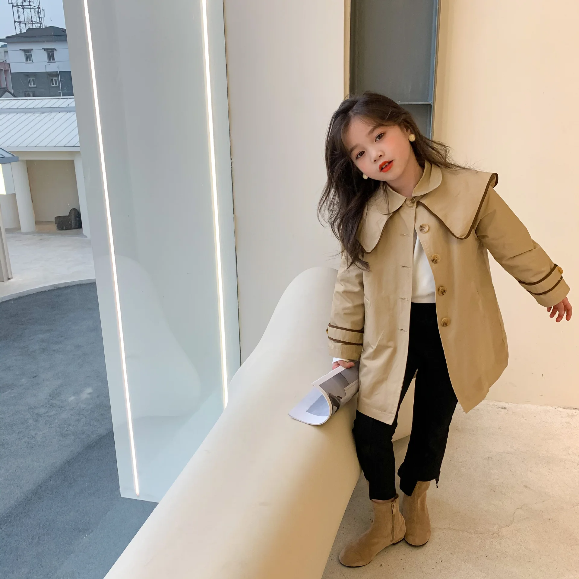 Пальто детское хлопковое цвета хаки с длинным рукавом | Детская одежда и обувь