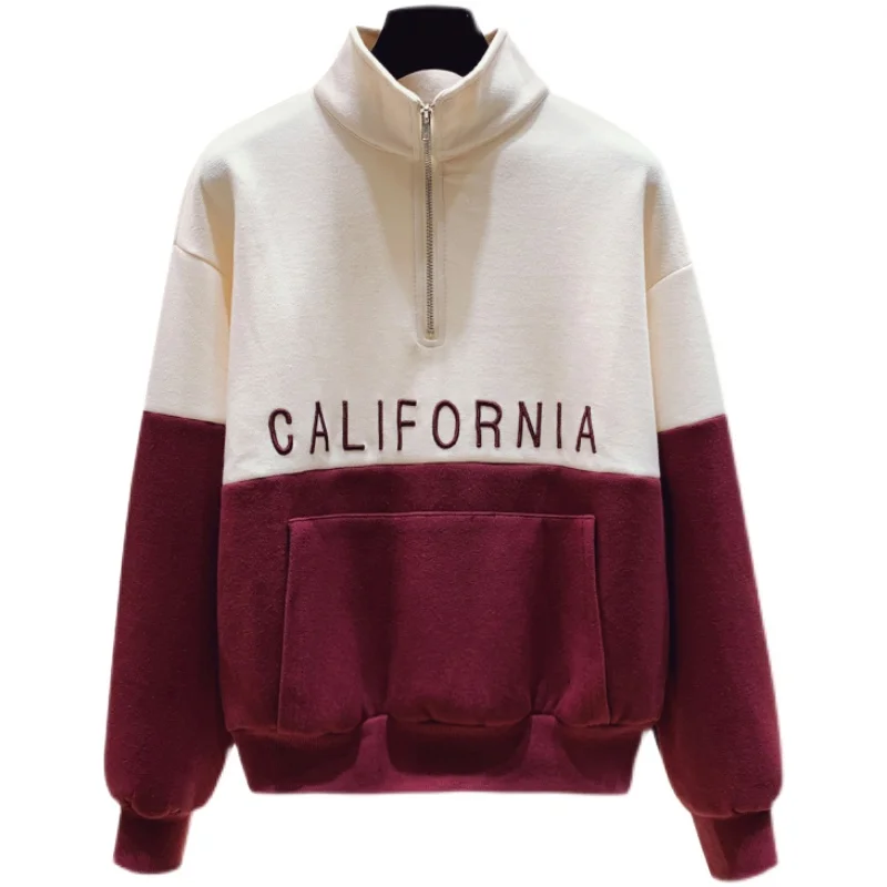 

[ARQ] Clash color Mosaic letter embroidery zipper loose stand collar sports sweaters in 2021 spring and autumn new style