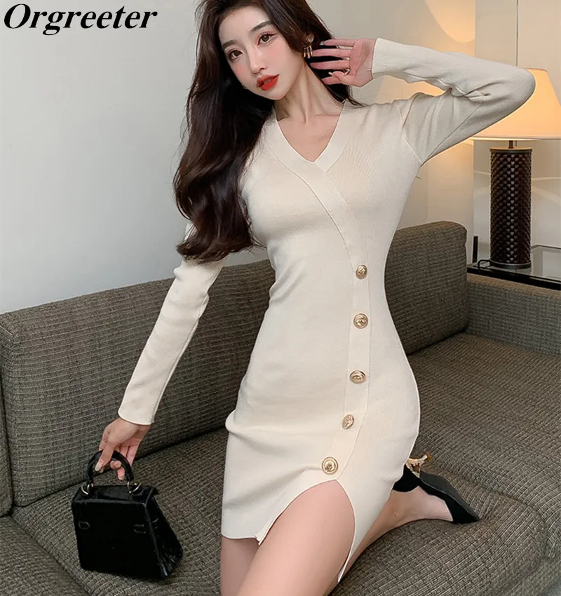 

Commuter Women's Elegant V-neck Bukle Dress Sexy Side Split Slim OL Fashion Stretchy Knitting Bodycon Dress Long Sleeve Pulls