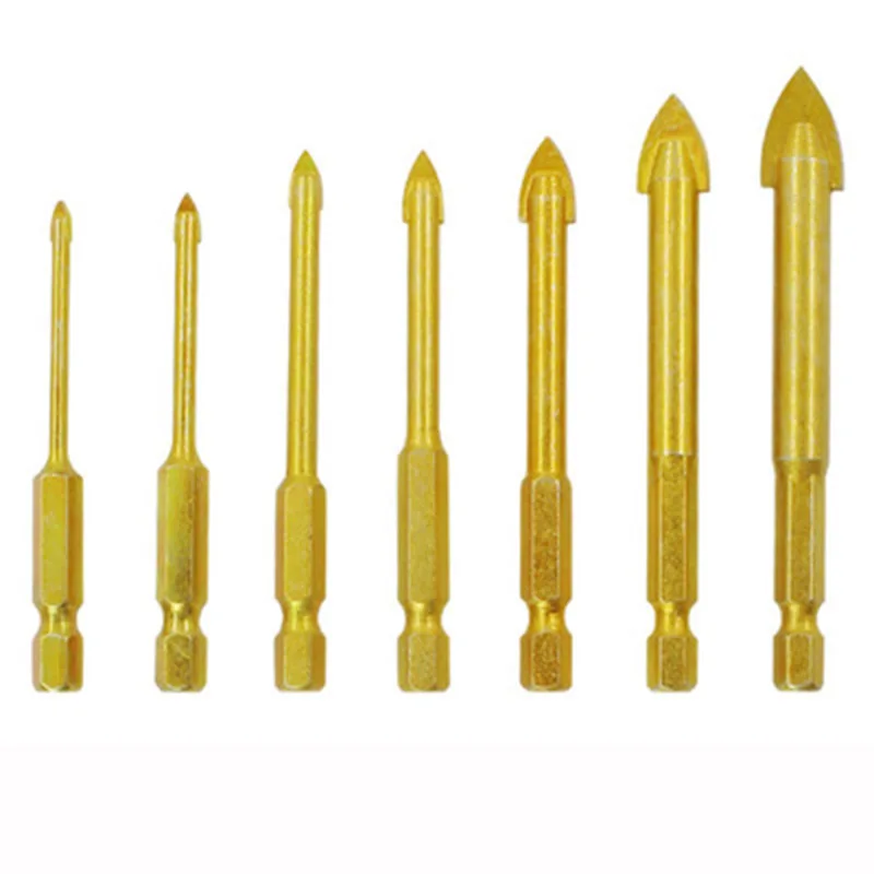 

7pcs 1/4" Hex Shank Glass Bits Titanium Coated Drill Set 3 4 5 6 8 10 12mm Tile Concrete Flat Tip Hole Bit Drilling 02010