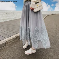 qiukichonson long tulle midi skirts womens 2021 spring summer crochet lace skirt japanese style lolita high waist mesh skirts