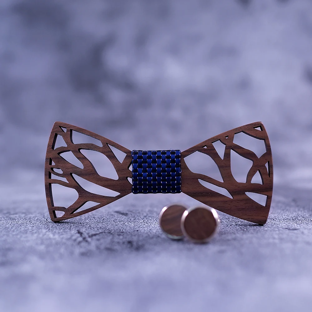 Модный полый резной деревянный галстук-бабочка темно-синий однотонный мужской