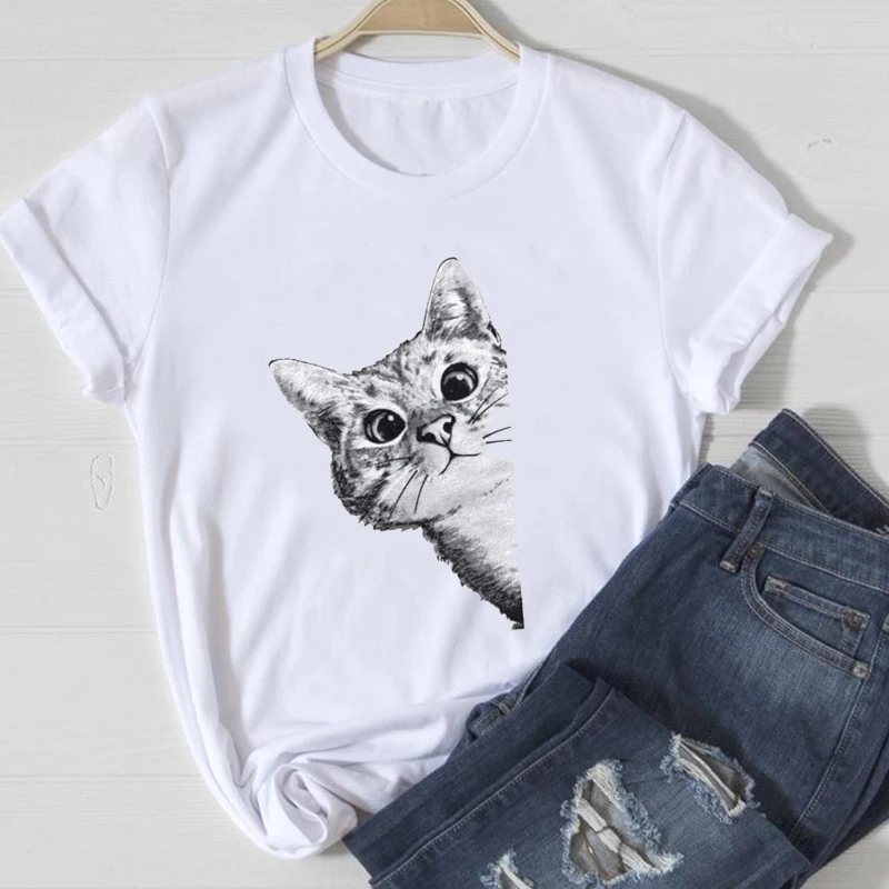 

Kawaii Harajuku Fashion T-Shirts With Short Sleeves Lovely Cat Printed Women's T-Shirt Dress Luxury Brand Woman T-Shirt