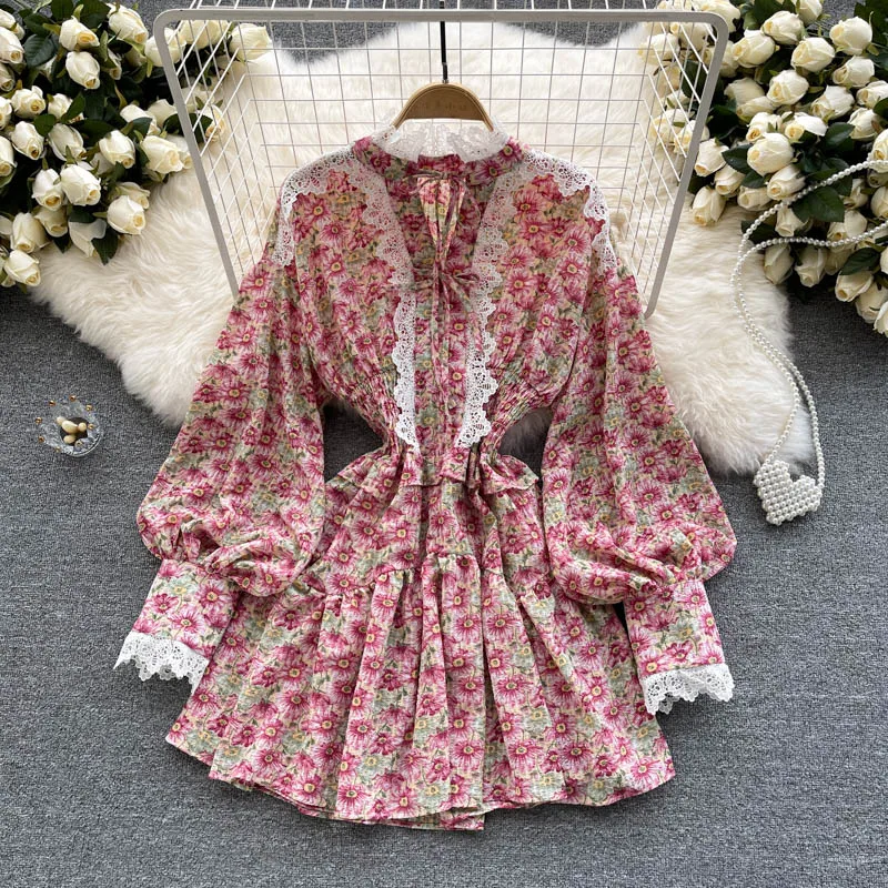 

Женское осеннее кружевное короткое платье A573 с V-образным вырезом, длинным рукавом и цветочным принтом, элегантная Милая одежда, 2021