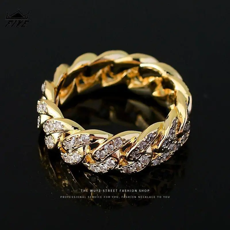 

WJR Same Style Cuban Link Chain Ring Full Zircon Trendy Men and Women Tail Ring Hip-Hop Street Personality Ornament luxury