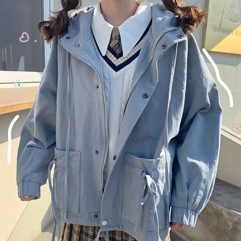 

2021 Autumn Winter Bowknot Coat Women Long Sleeve Hooded Harajuku Jacket Korean Streetwear Gothic Jackets Windbreaker Clothes