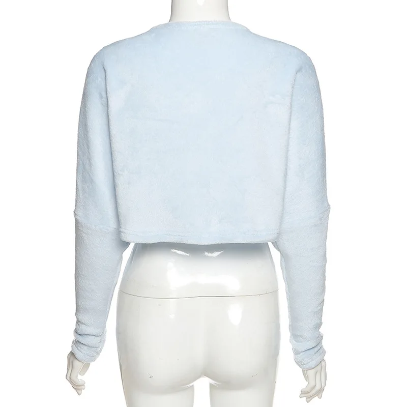 

2021 Autumn and Winter Solid Long Sleeve Loose Bandage Sweater Light Blue Strapless Plush Casual All-match Top Women's Clothes