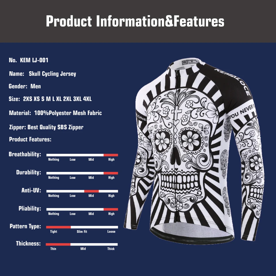 KEMALOCE 2022 Autumn Pro Long Sleeve Cycling Jersey Skull Retro Men Full Sleeve Cycles Shirt Wear Team Men Bicycle Bike Jersery