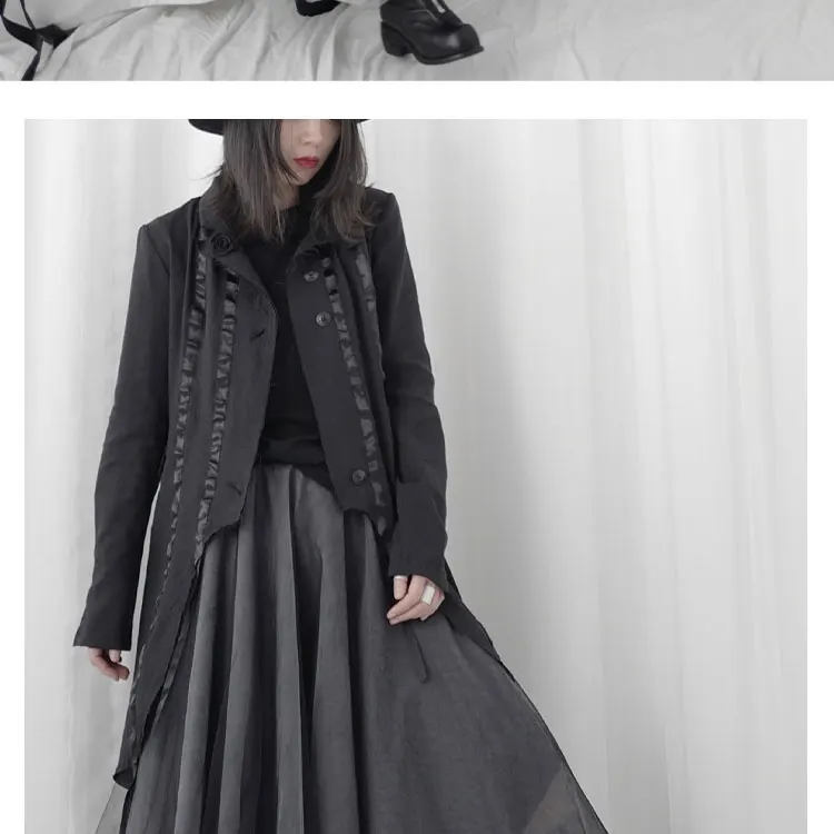 

[EAM] Women Black Ribbon Asymmetrical Long Trench New Lapel Long Sleeve Loose Fit Windbreaker Fashion Tide Spring 2021 1T698