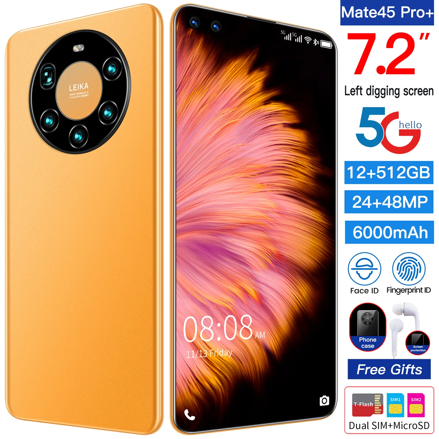 

Global Version Mate45 Pro+ 7.2 Inch Smartphone 12+512GB Android Phone 6000mah 24+48MP Google Plays WiF 4G/5G Network Mobilephone