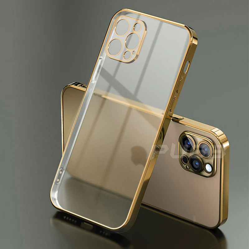 

Luxury Plating Square Frame Transparent Case For iPhone 12 11 Pro Max Mini iPhone SE 2020 x xs xr 6 6S 7 8 plus Soft Clear Cover