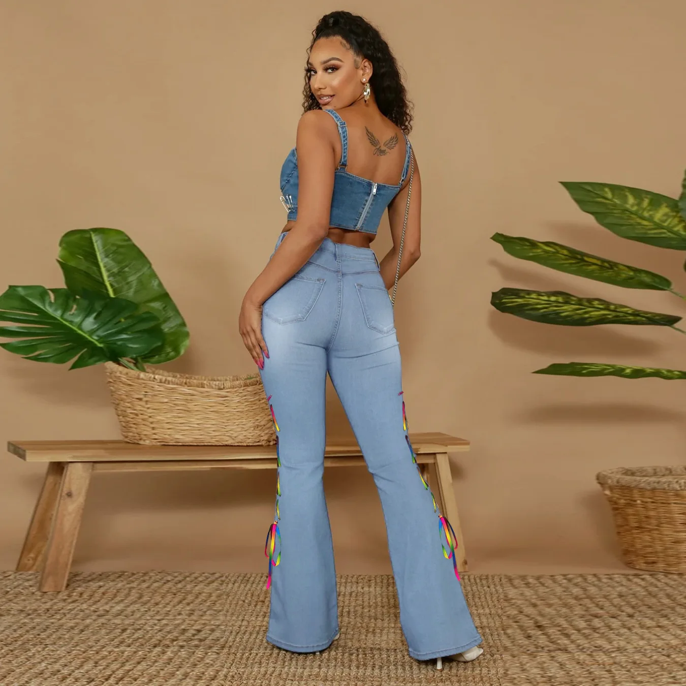 

Blue Skinny Flare Jeans Summer Women Fashion Colorful Bandage High Waist Bell Bottom Jeans Woman Big Size Denim Pants Streetwear
