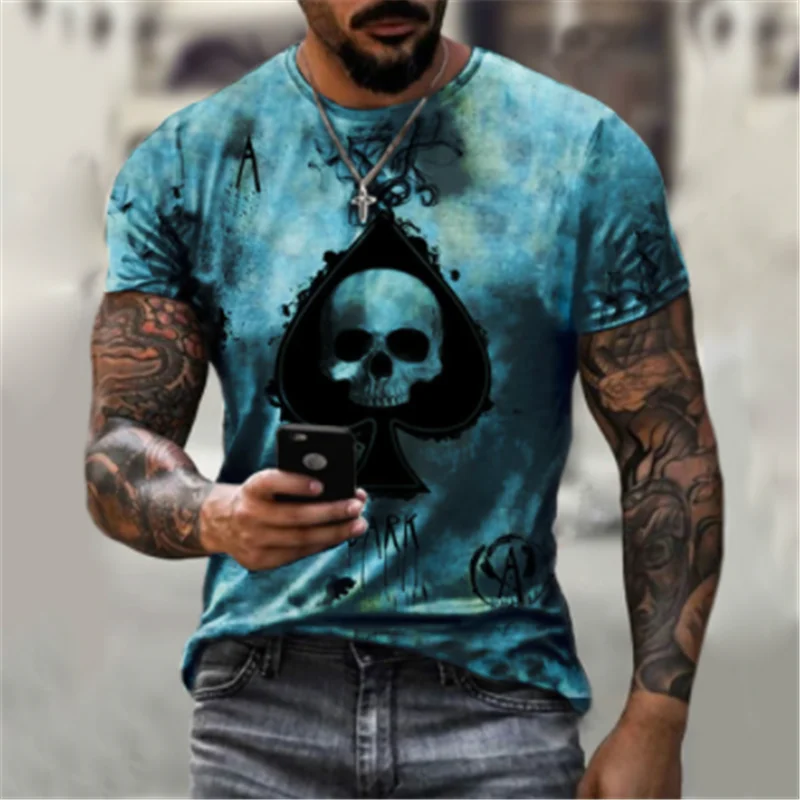 

2021 Summer Street Trend Fashion Playing Card Skull 3D T-shirt Men's Large Size Casual Short Loose Pullover T-shirt