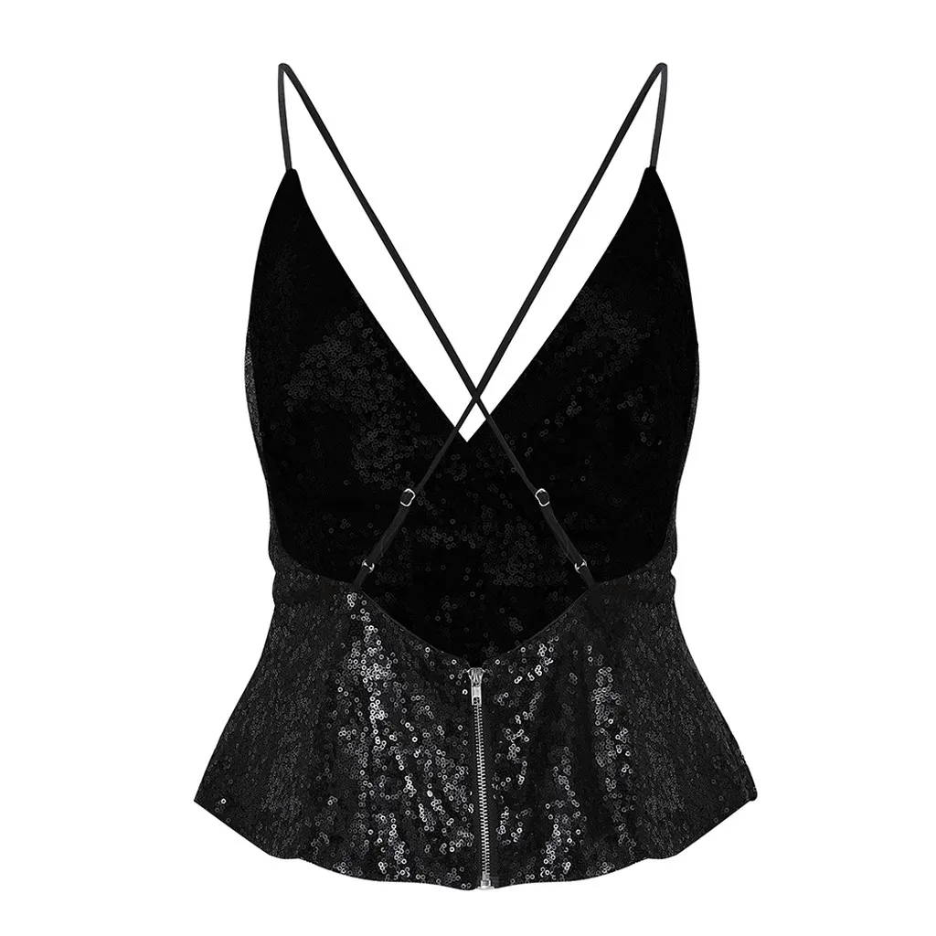 Женский топ с блестками и V образным вырезом без рукавов|Майки| |