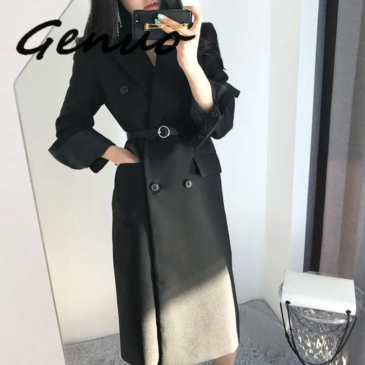 

Genuo 2019 New Spring Autumn 2019 Korea Style Full Sleeve Turn-down Collar Single Breasted With Sashes Slim Women Coat