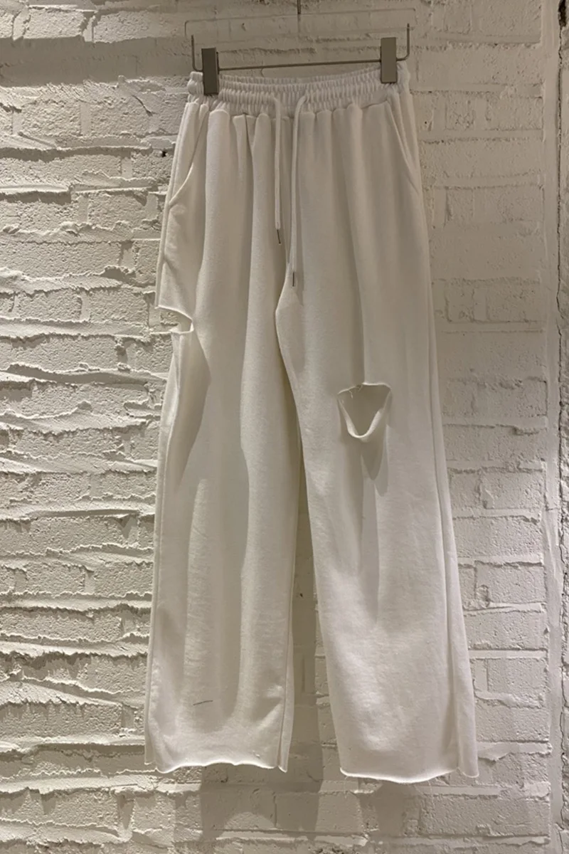 

Новинка весна-лето 2021 женские модные Универсальные однотонные повседневные брюки на шнуровке с завышенной талией и дырками с потертостями