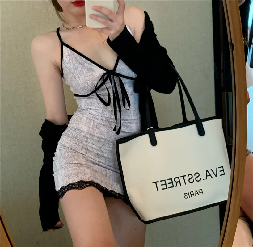 

White Snake Printed Sexy Dresses Ladies Front Tie V Neck Sleeveless Bodycon Dress Lace Backless Strappy Dress All-match